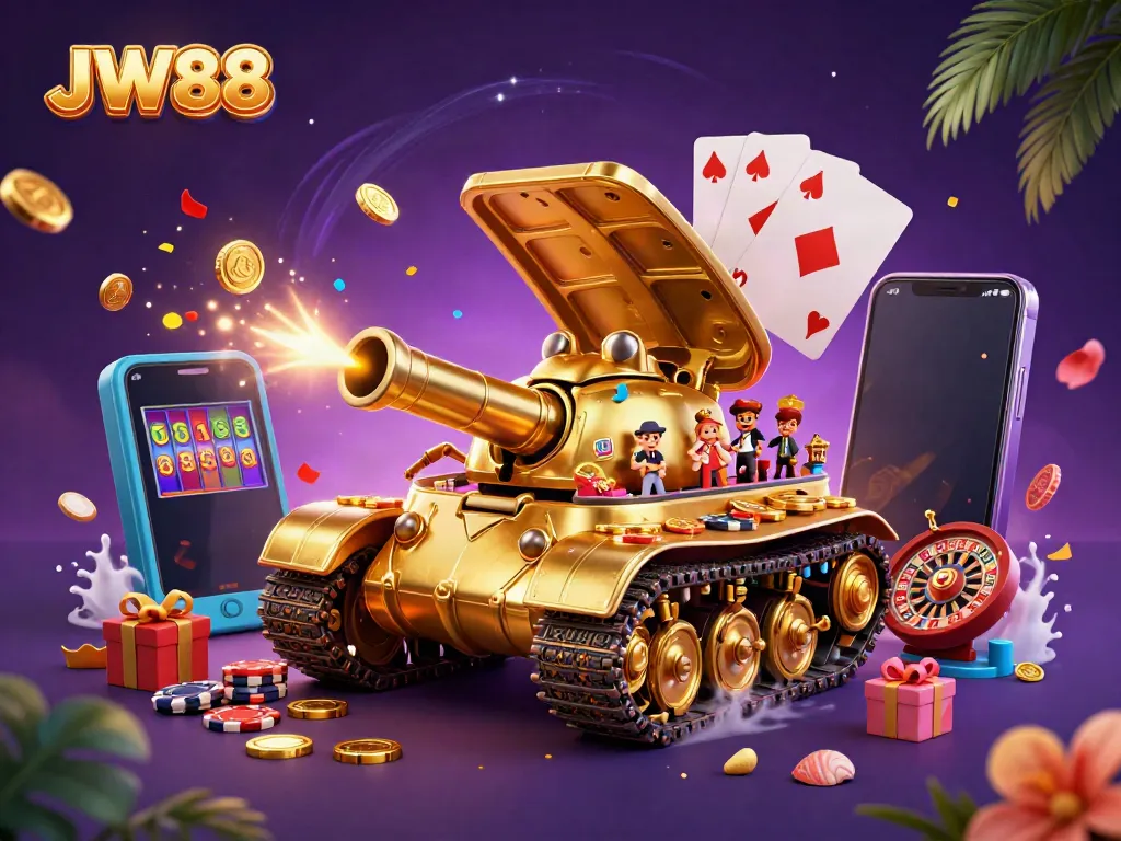 Engage with JW88's vibrant 3D casino experience featuring a golden beetle tank and mini casino delights.