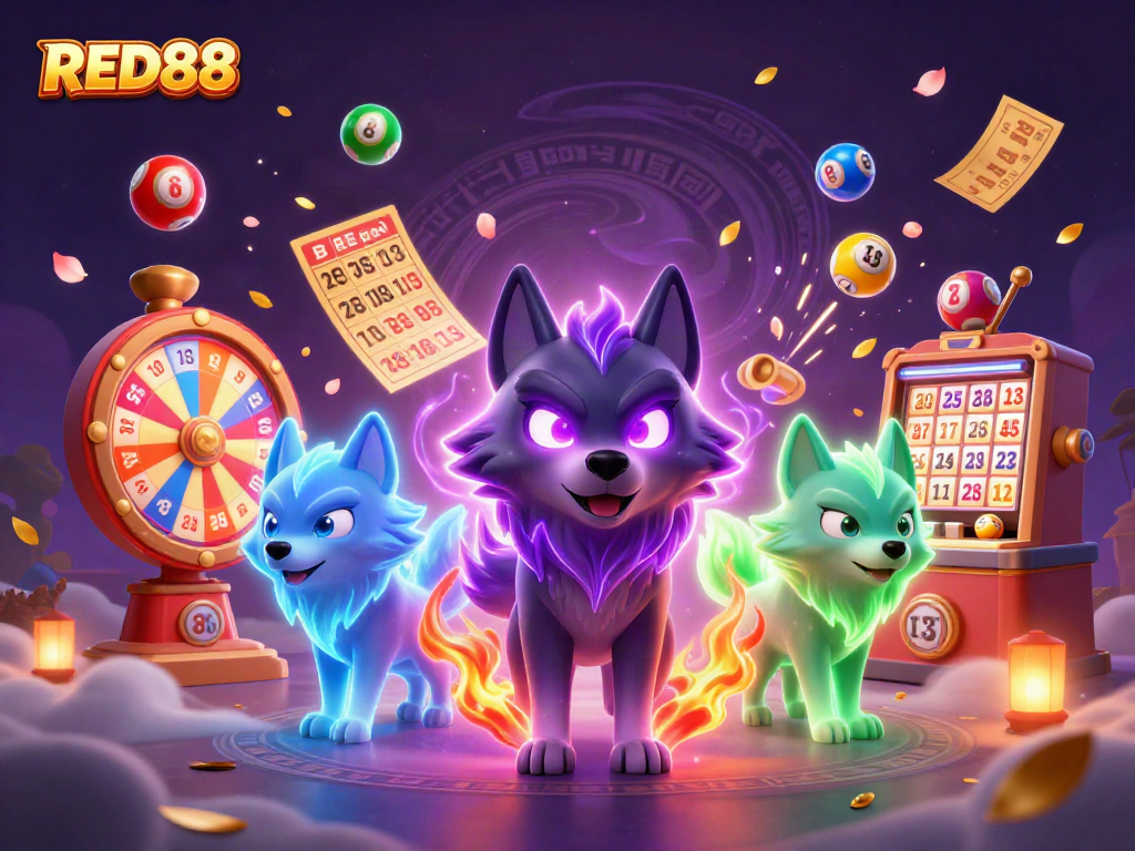 Engage with RED88 in a vibrant scene filled with lottery elements and ghostly wolves!