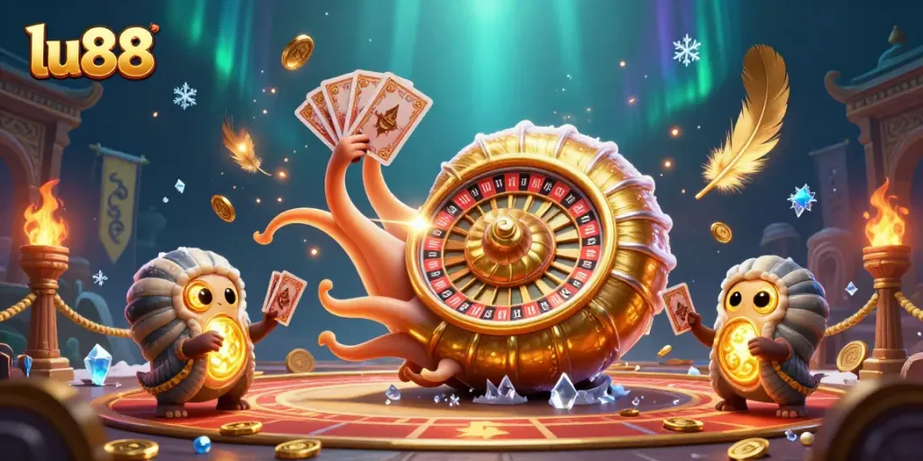 Experience thrilling gaming at lu88 with a vibrant 3D illustration showcasing a giant nautilus roulette wheel.