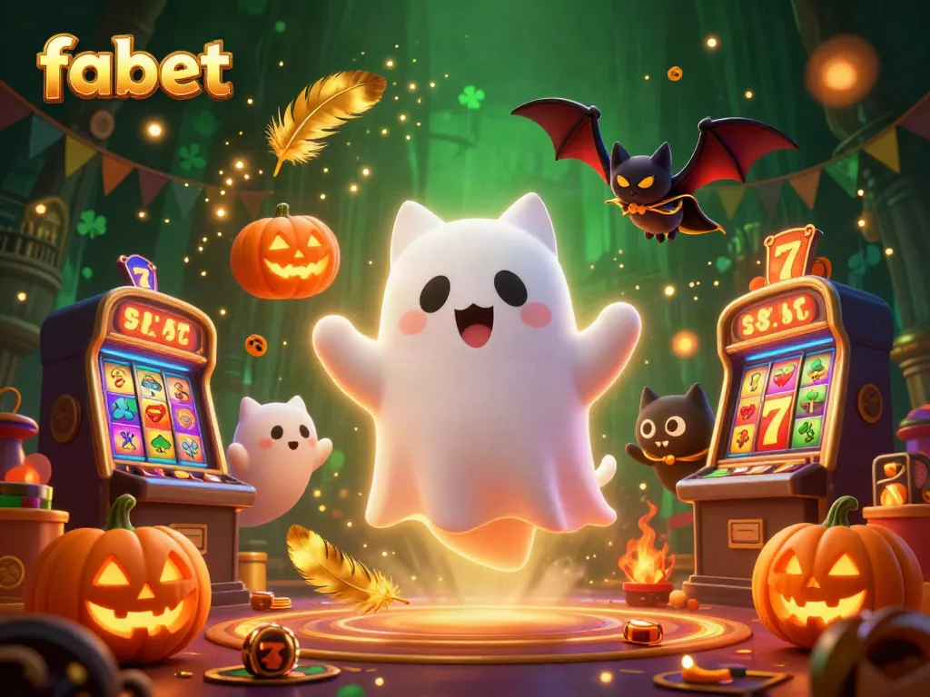 Catch the vibe of fabet with a ghost cat and bat in a vibrant casino atmosphere.