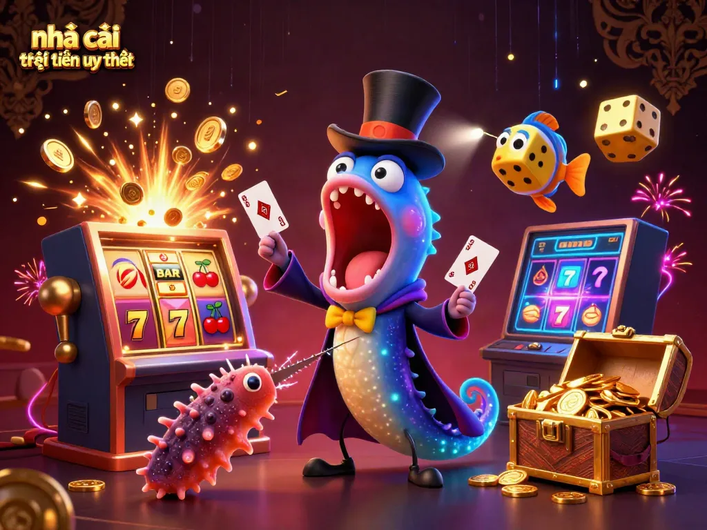 Engage with the vibrant excitement of nhà cái trực tuyến uy tín through a detailed 3D illustration of an eel magician performing card tricks amidst dynamic casino elements.