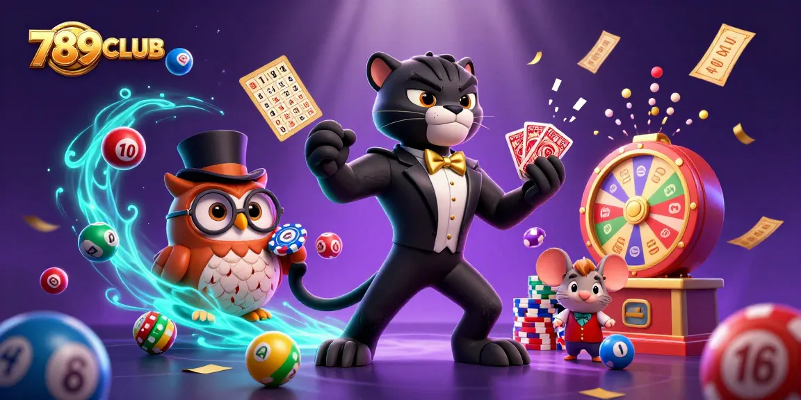 Engage with thrilling gameplay at 789CLUB, featuring an enchanting scene of a stylish panther, owl, and lucky mouse with casino elements.