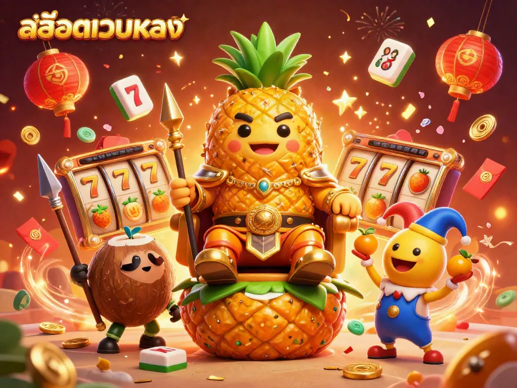 Spin the reels at สล็อตเว็บตรง with a vibrant 3D casino scene featuring lively characters and magical elements.