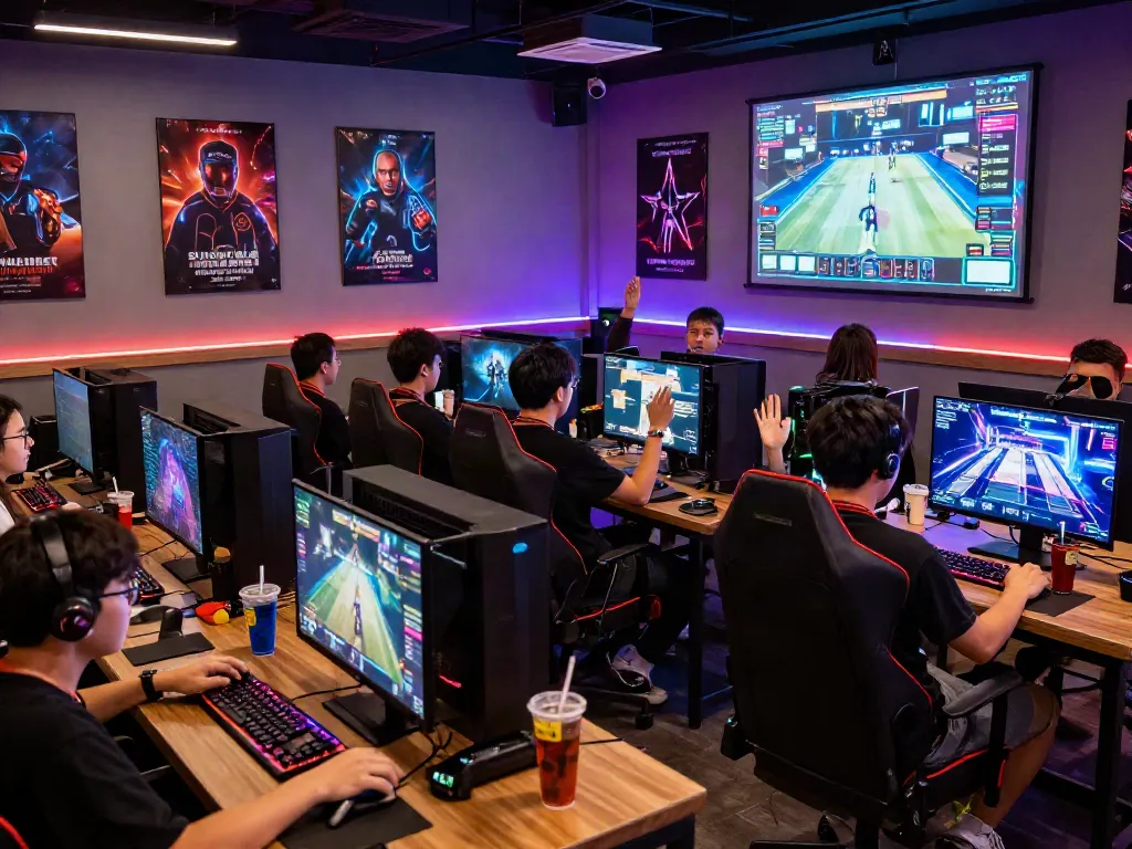 warung168 gaming café scene with enthusiasts enjoying competitive gaming and vibrant atmosphere