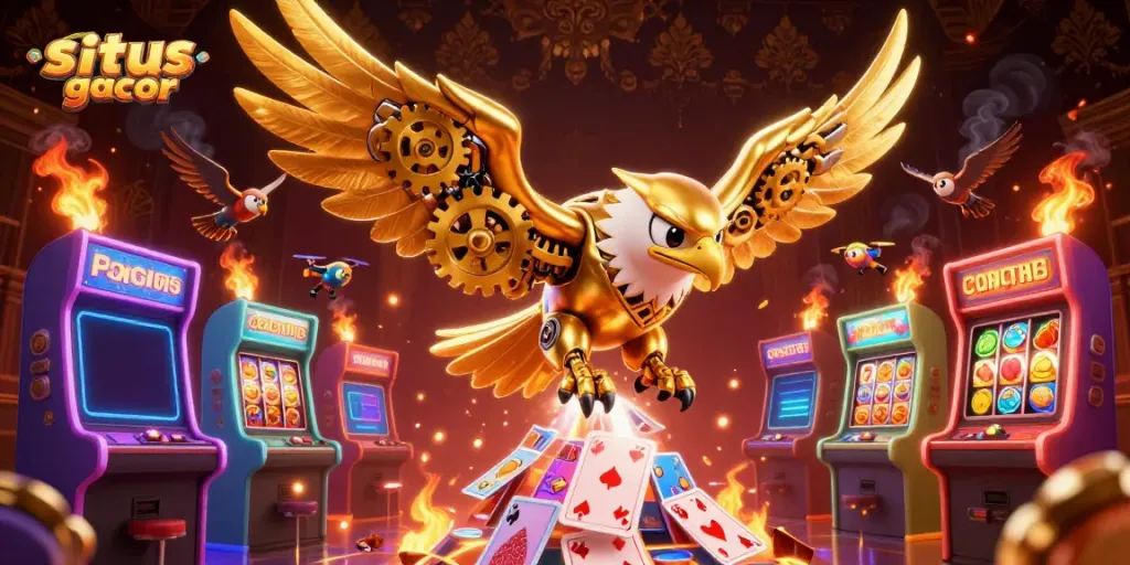 Gambarlah situs gacor dengan simbol jackpot yang mengalir bersama permainan kartu berwarna-warni.