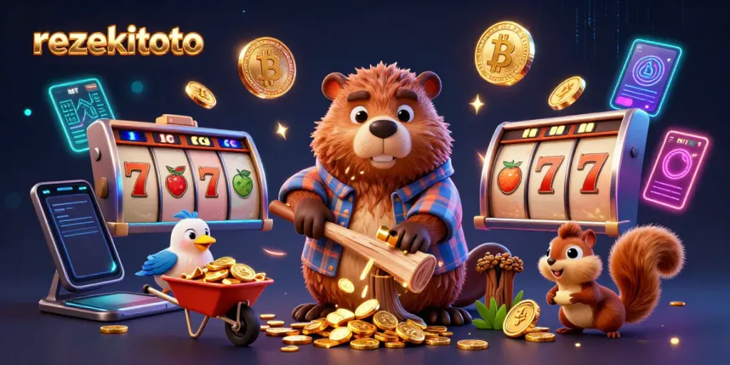 Play slots and win with rezekitoto; a vibrant scene of cartoon beavers with coins in a casino.