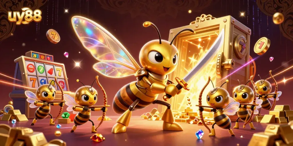 Engage with uy88's vibrant casino scene featuring a golden hornet, bee archers, and slot reels bursting with treasures.