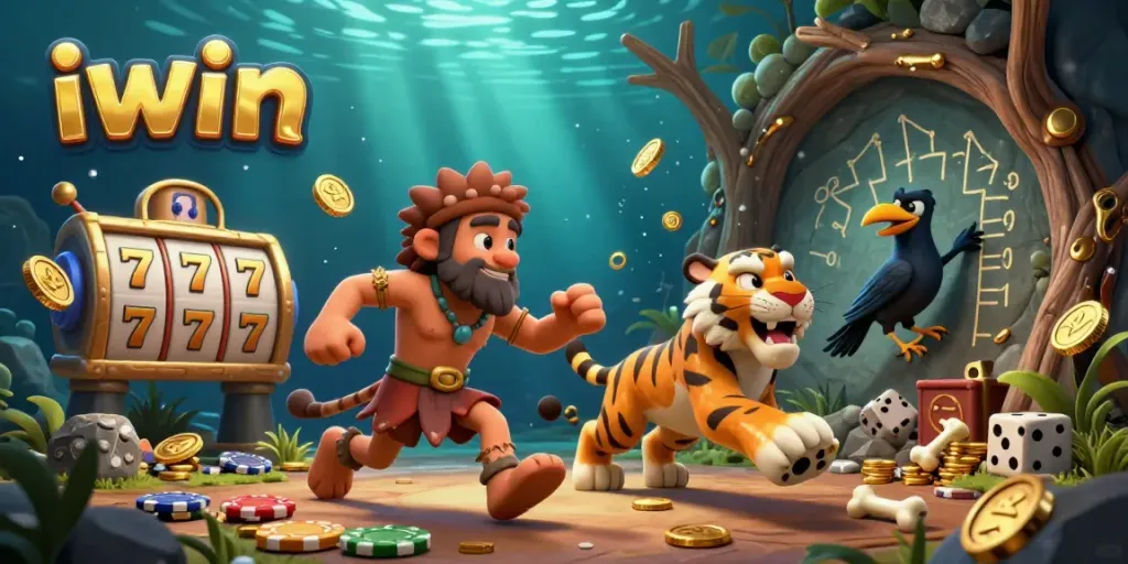 Engage with iwin's thrilling prehistoric casino experience featuring cartoon caveman and saber-tooth tiger.