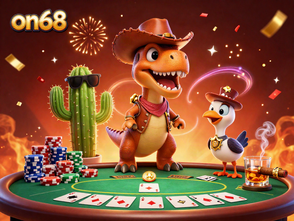 Engage in exciting poker action with on68, featuring a playful T-Rex and friends at the table.