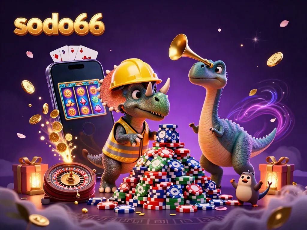 Experience the excitement of sodo66 with dynamic casino elements and celebrating characters.