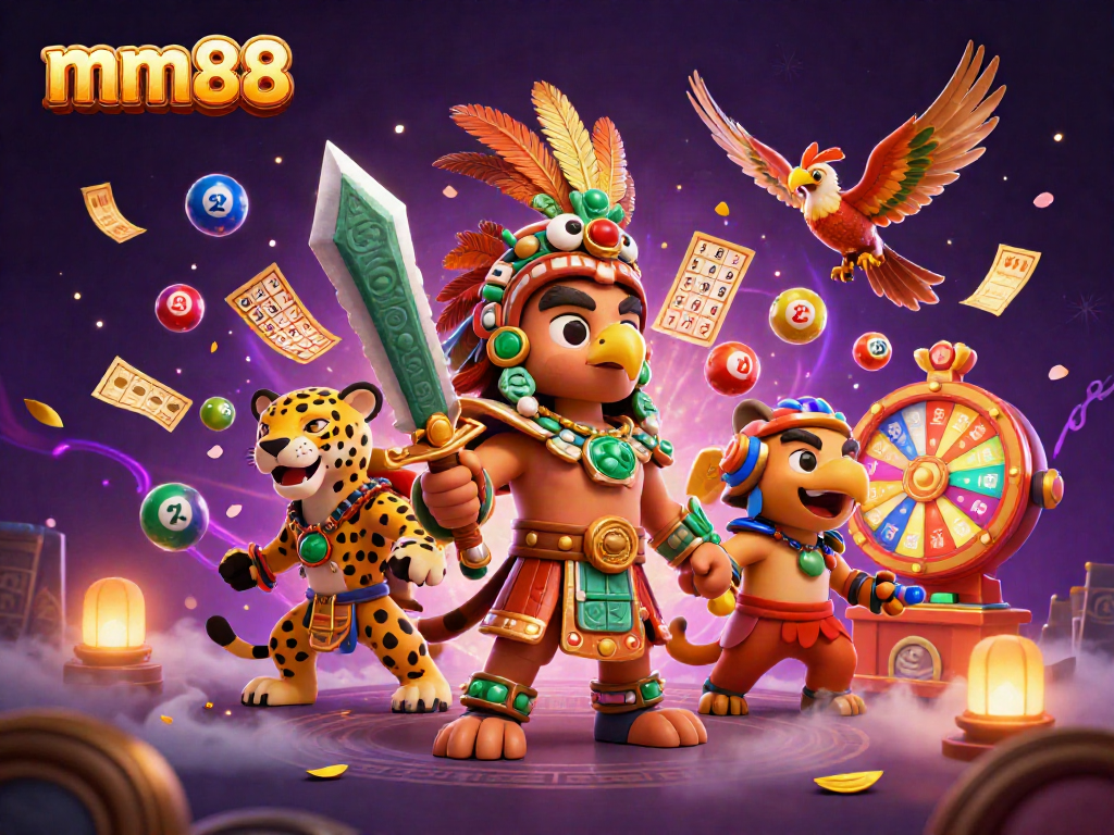 mm88 showcases an Aztec warrior and jaguar companion amidst dynamic lottery elements in a vibrant casino scene.