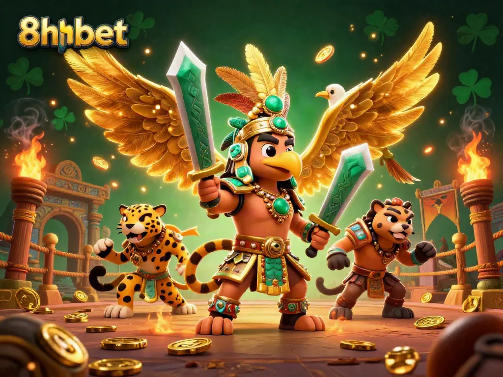 Engage in gameplay at 8xbet with Aztec warriors surrounded by gold coins and betting tokens.
