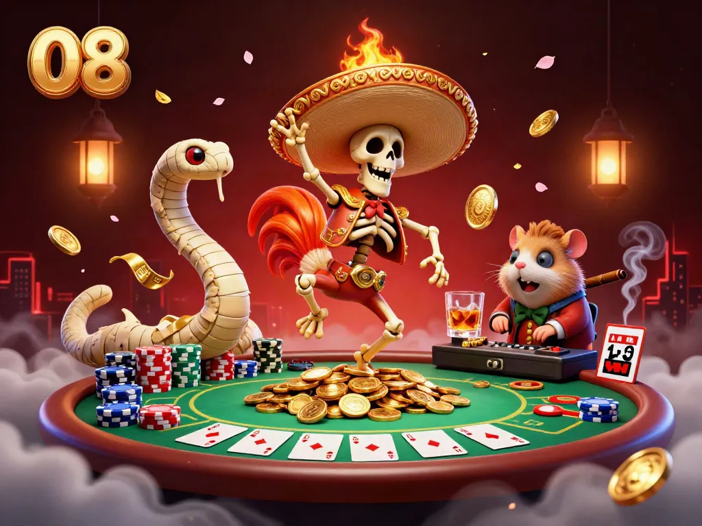 Experience O8's lively casino scene with skeleton mariachi, mummy snake, and DJ hamster amidst a rich poker backdrop.