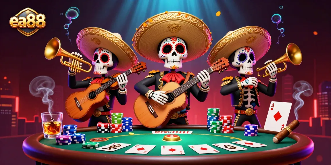 ea88 showcases energetic mariachi band celebrating casino gaming with poker elements and vibrant visuals