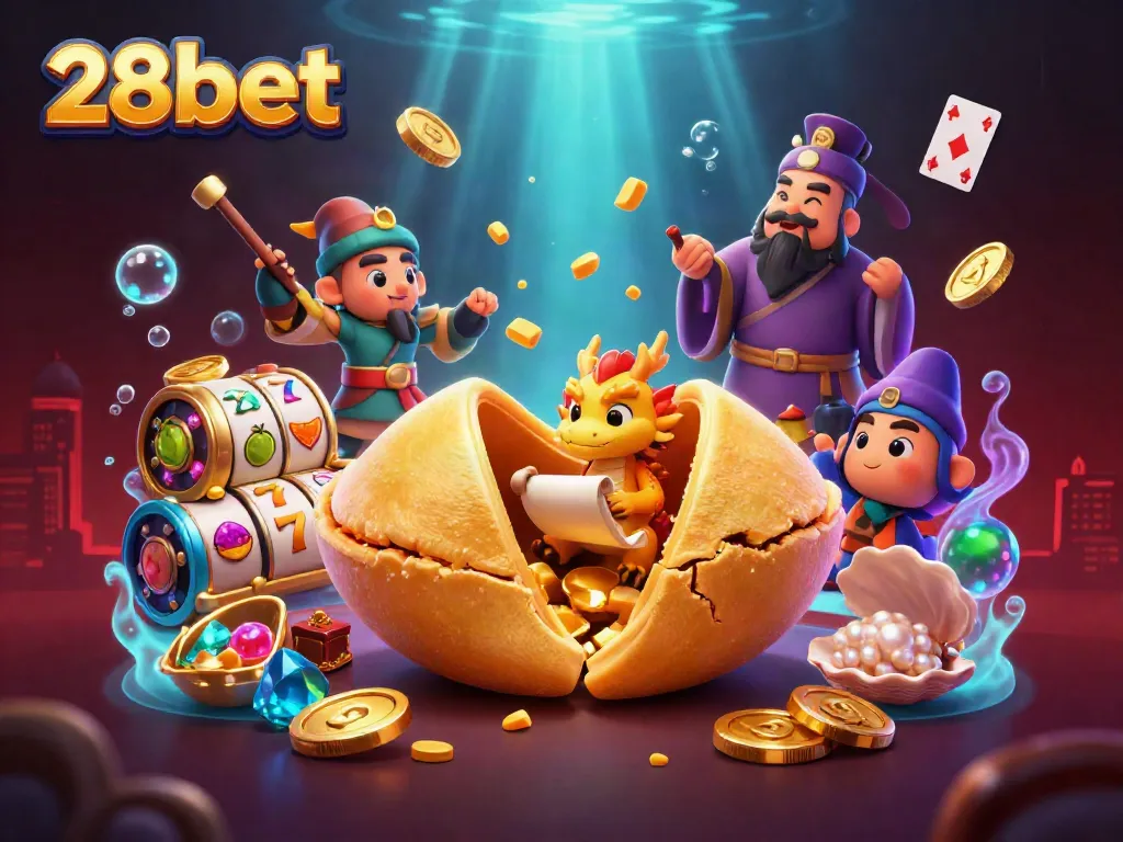Play exciting games at 28bet with a dynamic scene filled with casino adventures and treasures!