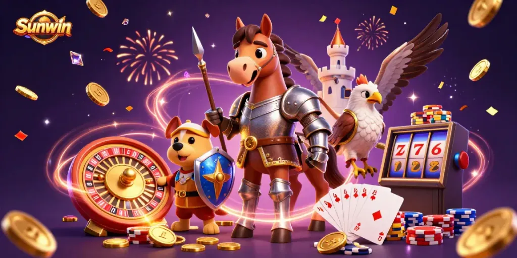 Engage with Sunwin's vibrant casino scene featuring medieval characters amidst sparkling games.
