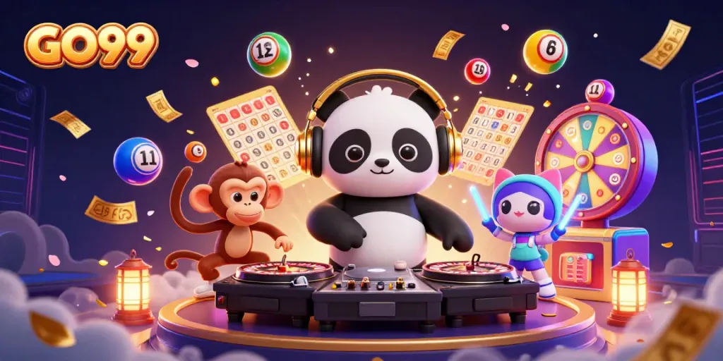 Experience excitement with GO99 at a vibrant 3D cartoon casino scene featuring dynamic game elements.