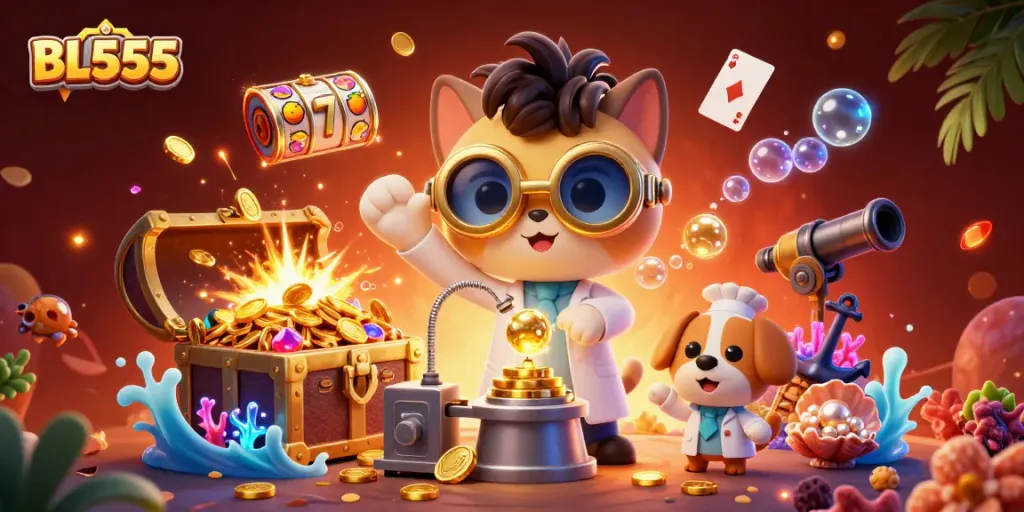 Win big with BL555 as a mad scientist cat and loyal dog create fortune in a vibrant casino scene.